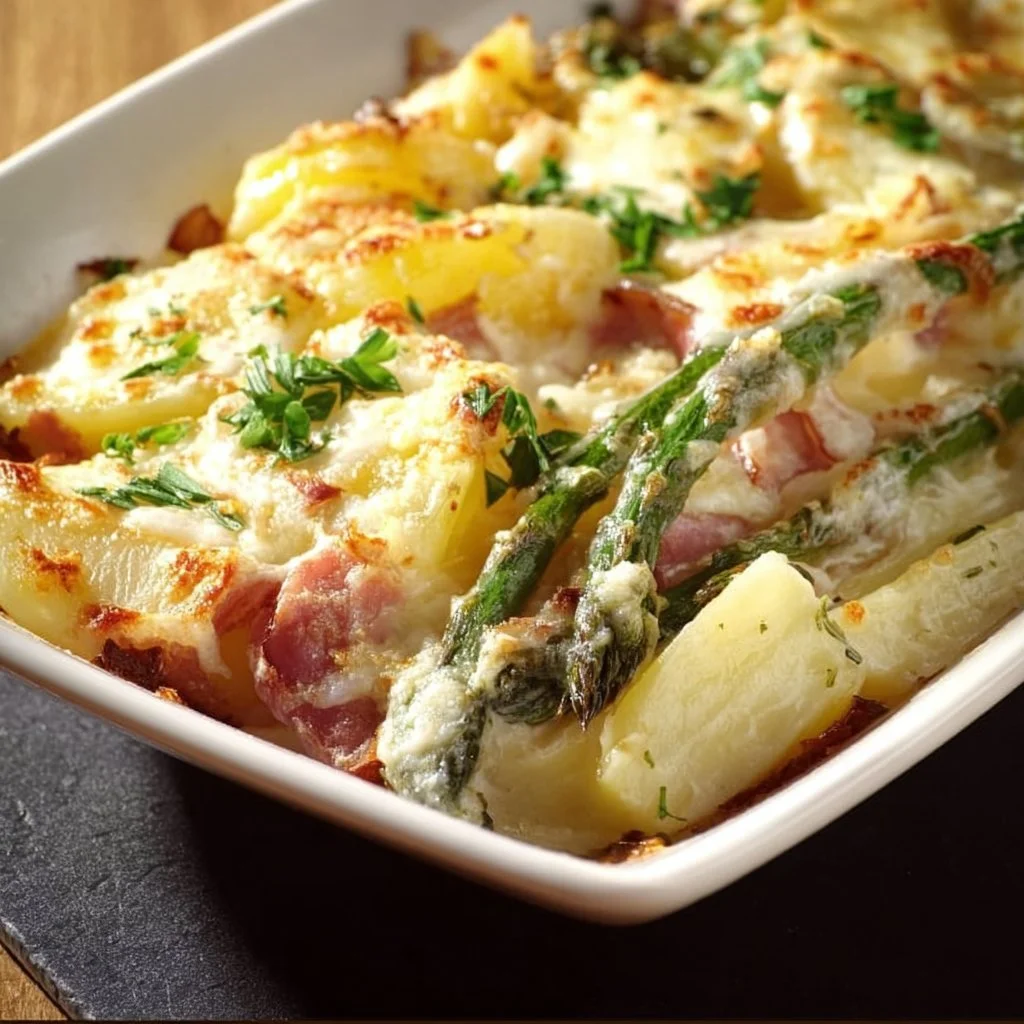 Cremiger Spargelauflauf mit Kartoffeln und Schinken auf einem weißen Teller