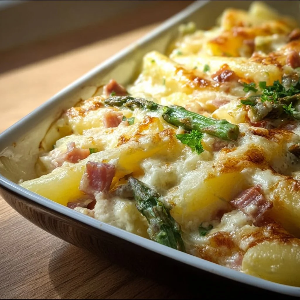 Cremiger Spargelauflauf mit Kartoffeln und Schinken