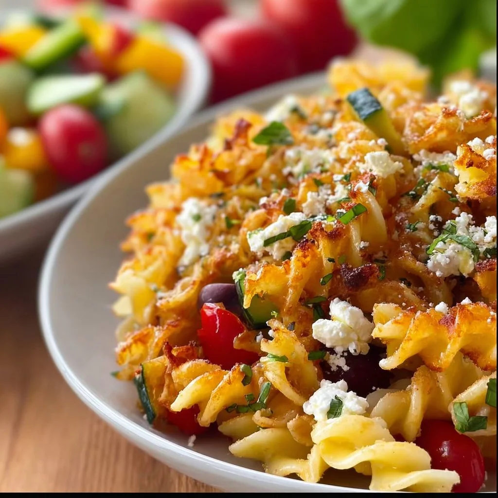 Crispy Pasta Salat mit Feta und buntem Gemüse auf einem Teller