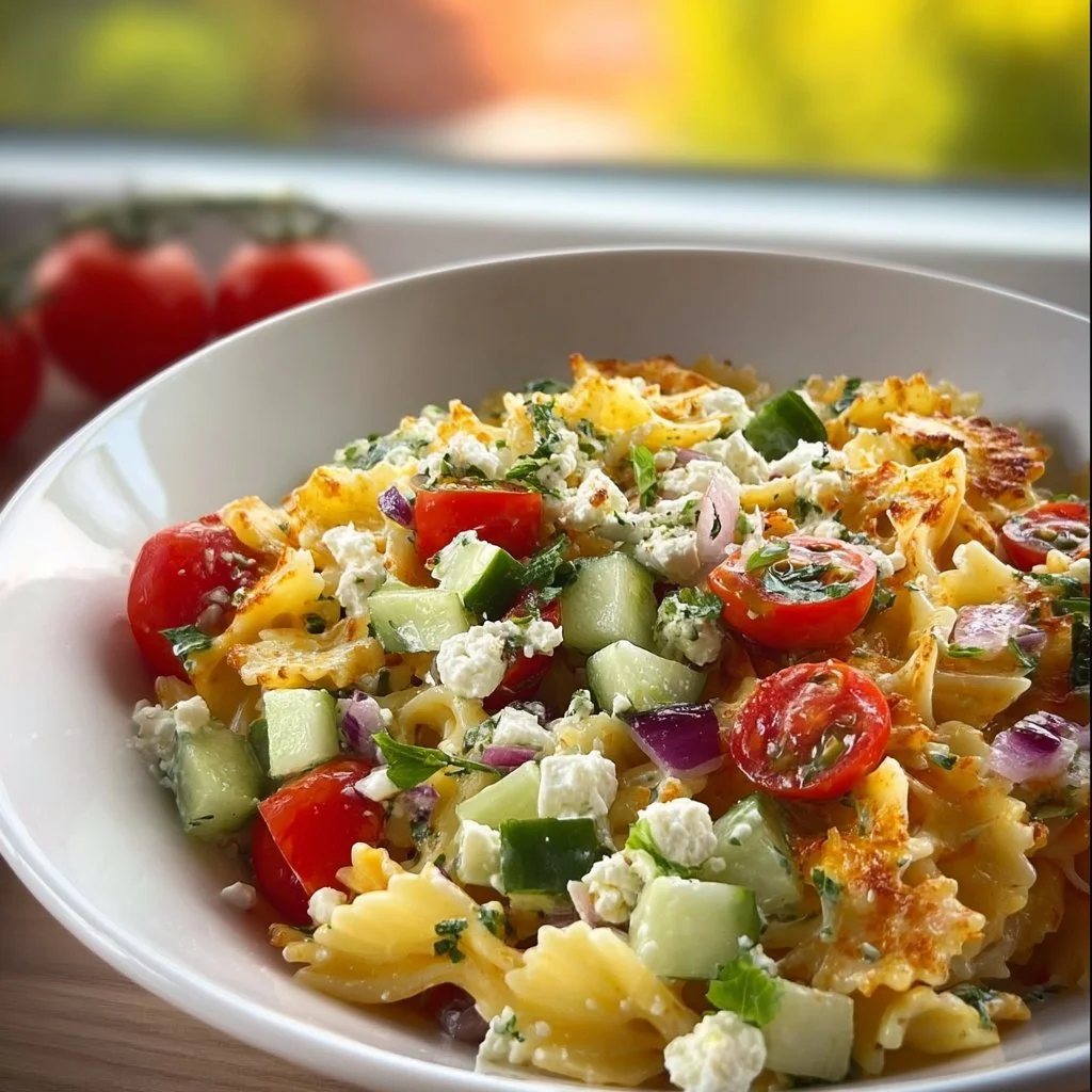 Crispy Pasta Salat mit Feta & Gemüse