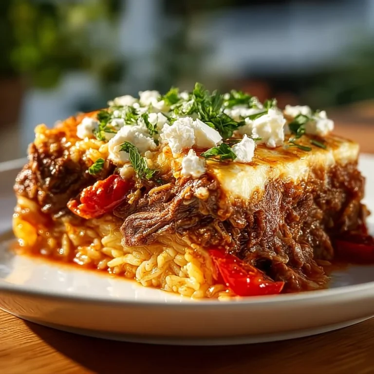 Griechischer Kritharaki-Hackauflauf mit Feta auf einem Teller serviert