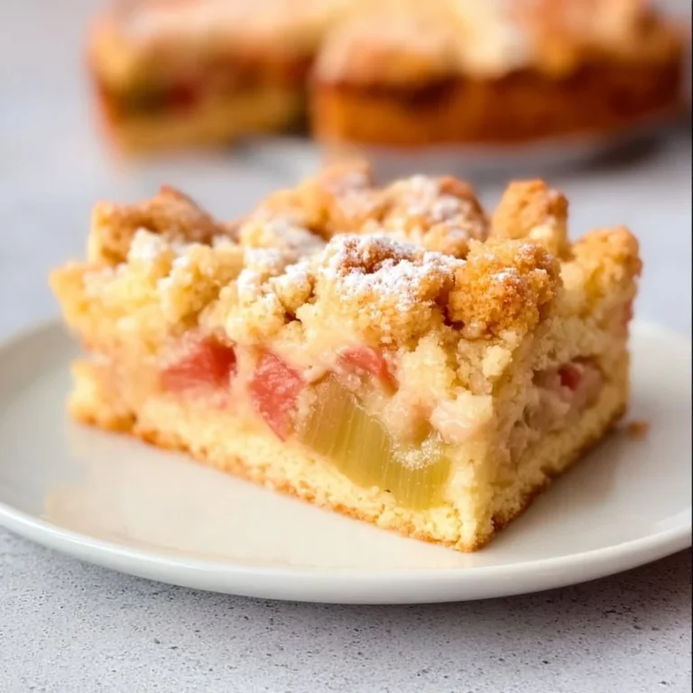 Perfekter Rhabarberkuchen mit Streuseln auf einem Kuchenteller