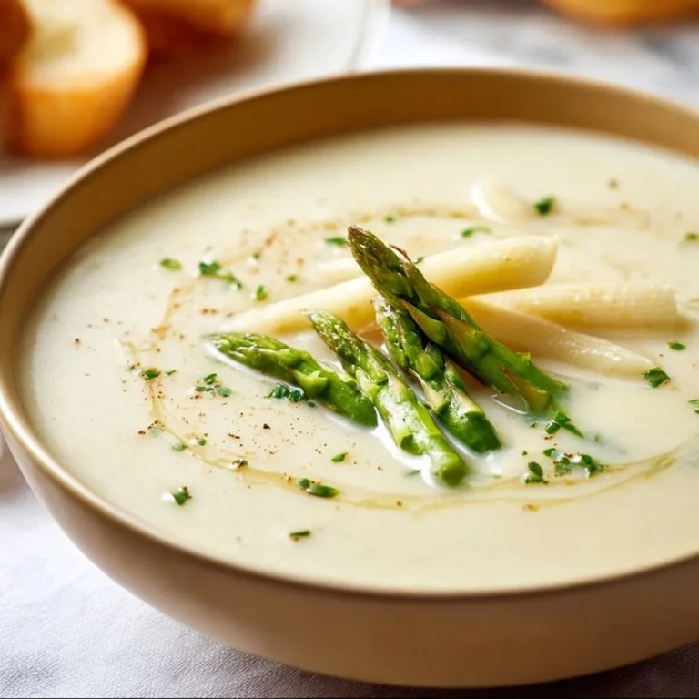 Schüssel mit einfacher Spargelcremesuppe, garniert mit frischen Spargelstücken