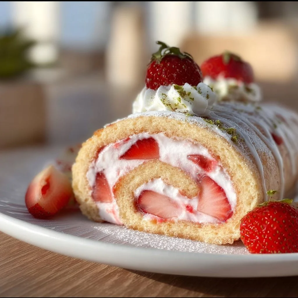 Erdbeer Biskuitrolle mit frischen Erdbeeren und Sahnefüllung