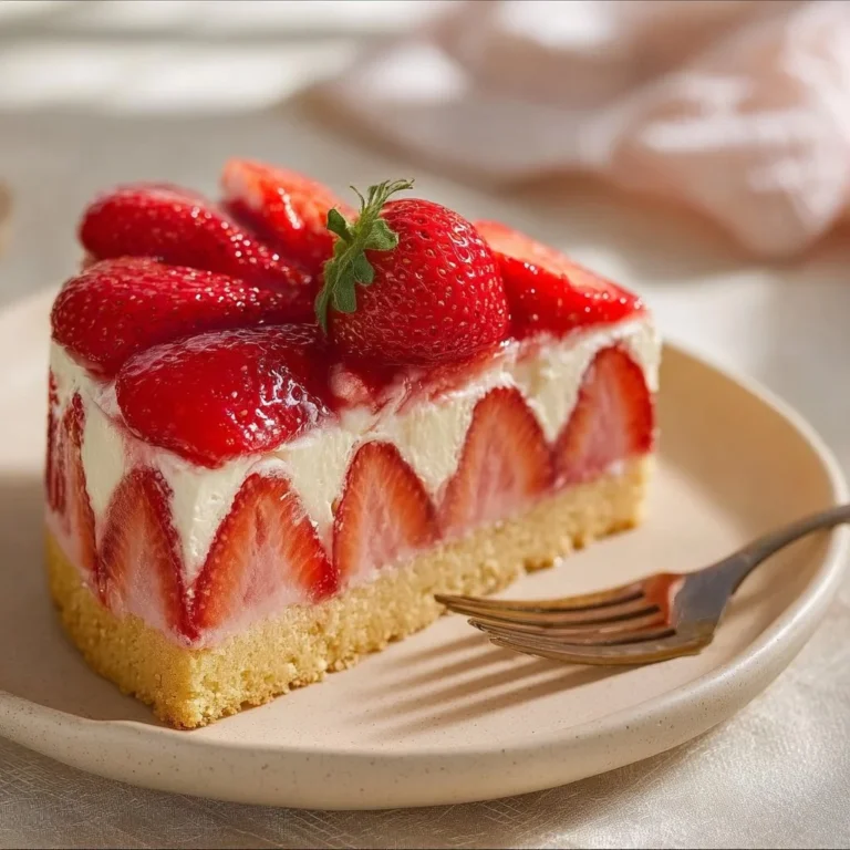 Erdbeerkuchen mit Biskuitboden auf einem weißen Teller dekoriert.