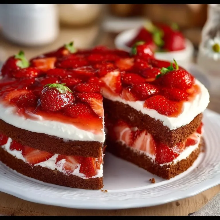 Leckerer Erdbeerkuchen mit Mascarpone und frischen Erdbeeren auf einem Teller