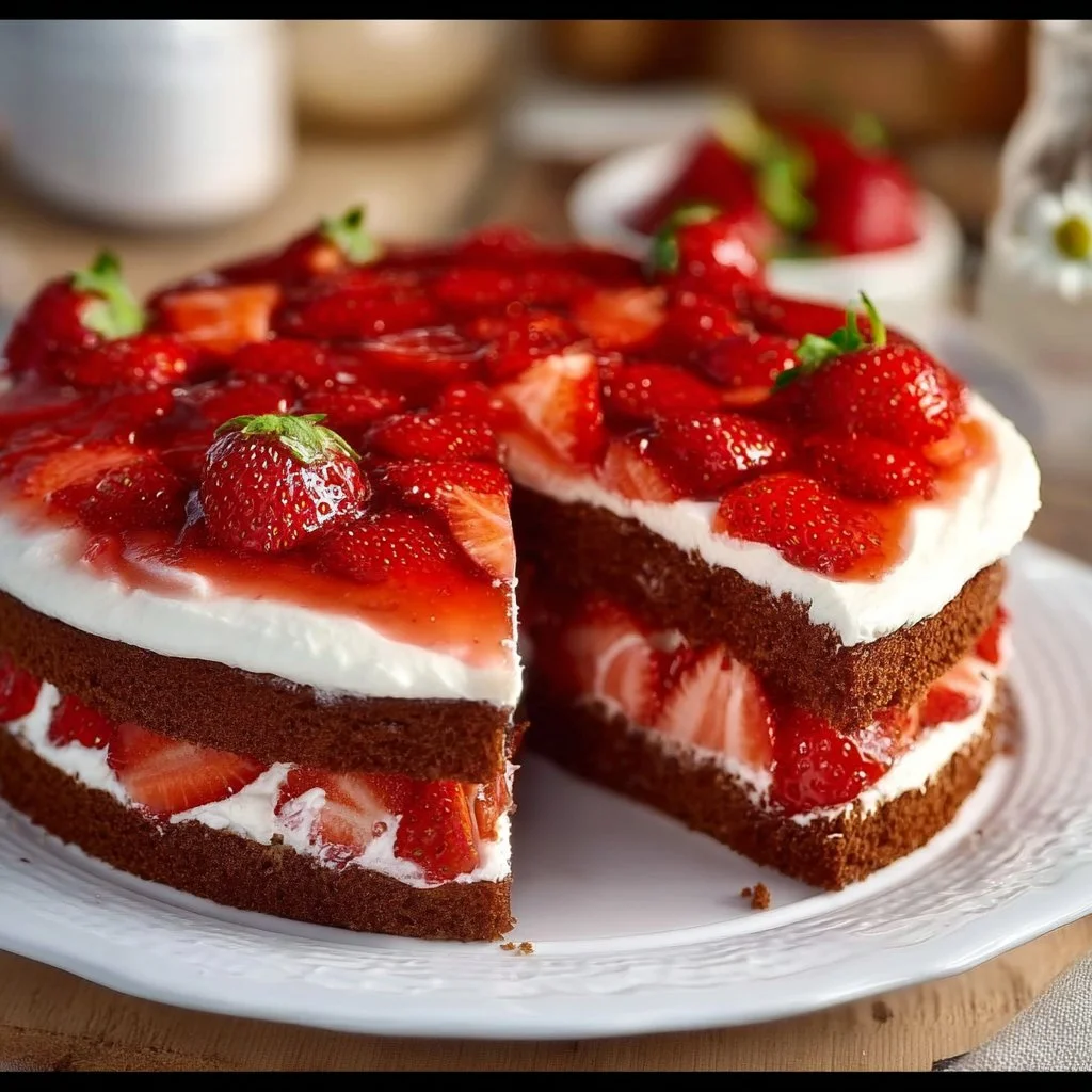 Leckerer Erdbeerkuchen mit Mascarpone und frischen Erdbeeren auf einem Teller