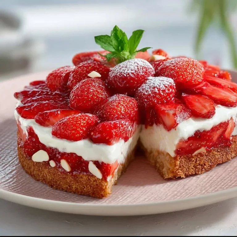 Erdbeerkuchen mit Mascarpone-Creme und Mandelboden auf einem weißen Teller