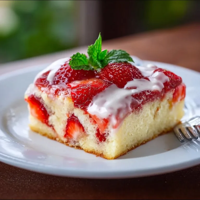 Erdbeerkuchen vom Blech mit frischen Erdbeeren und Sahne.