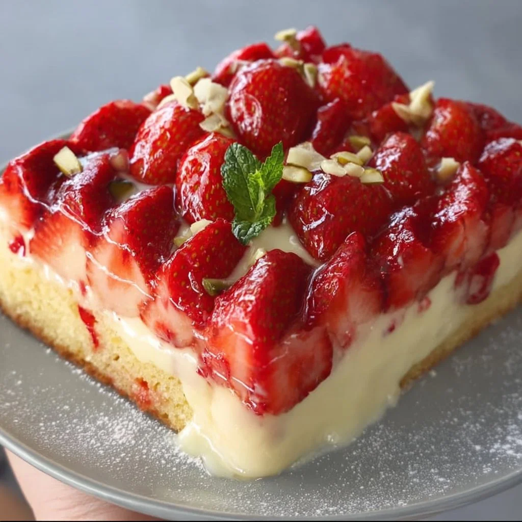 Erdbeerkuchen vom Blech mit Vanillepudding auf einem Teller serviert