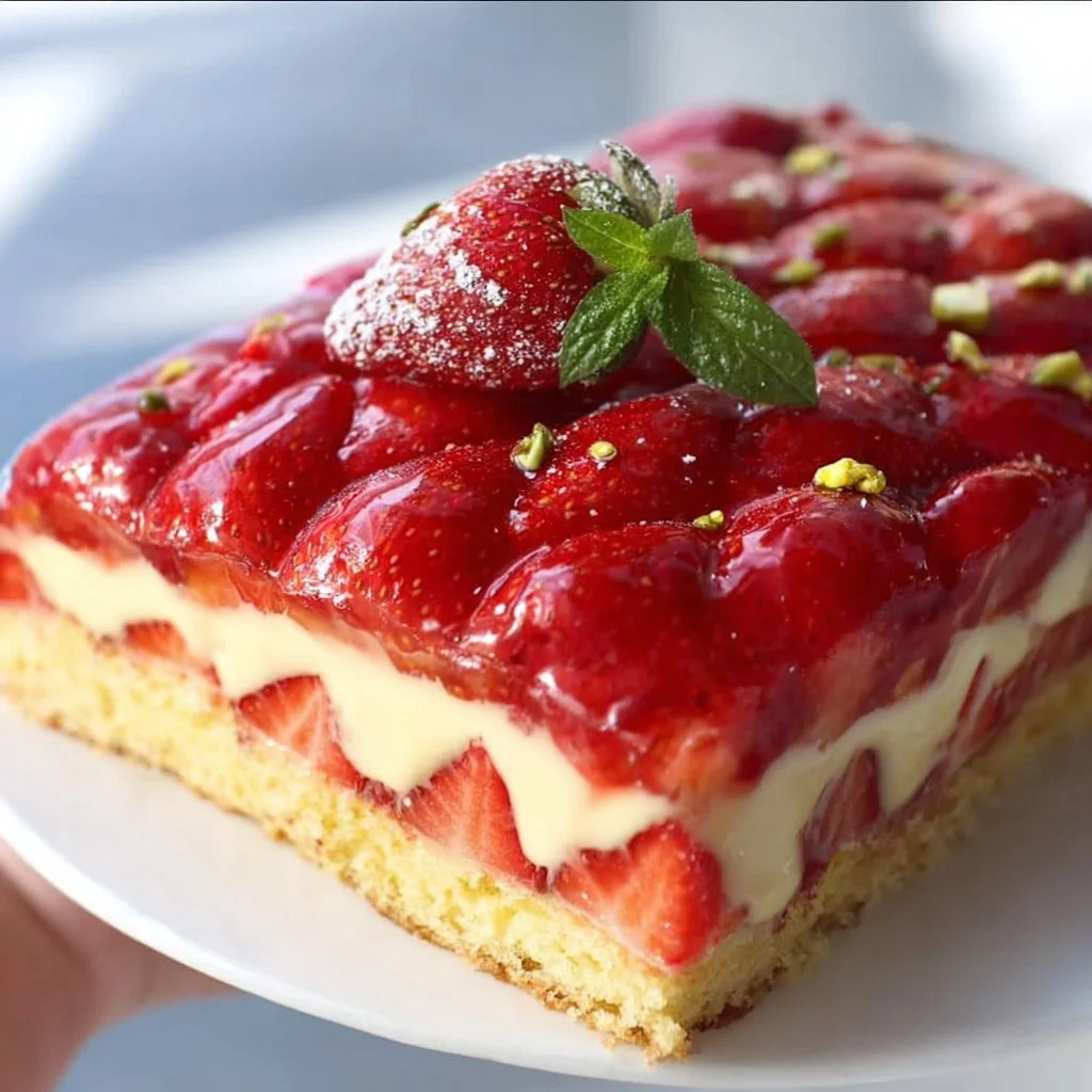 Erdbeerkuchen vom Blech mit Vanillepudding