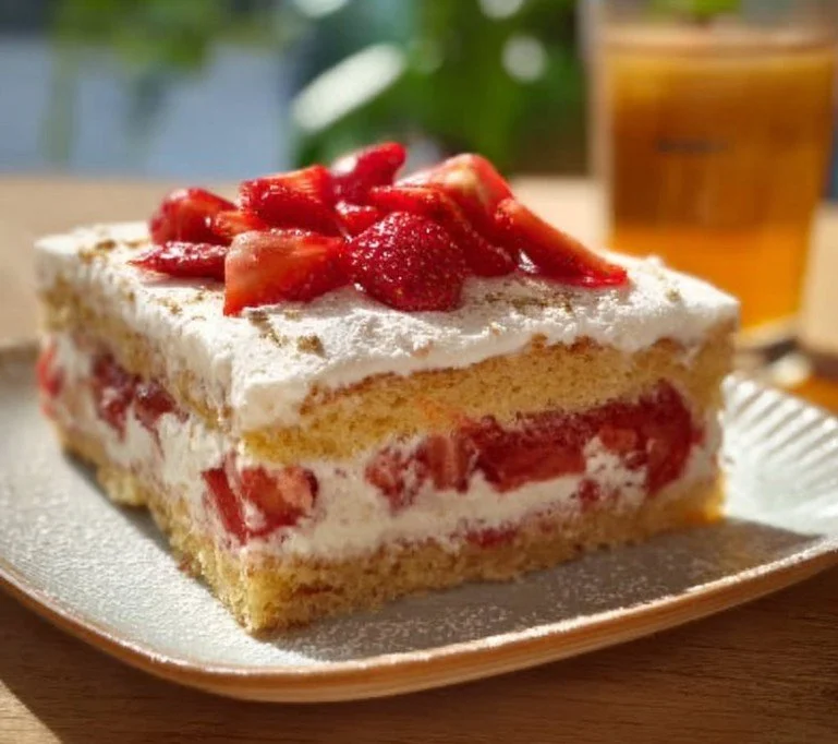 Fanta Kuchen mit Erdbeeren auf einem dekorativen Teller