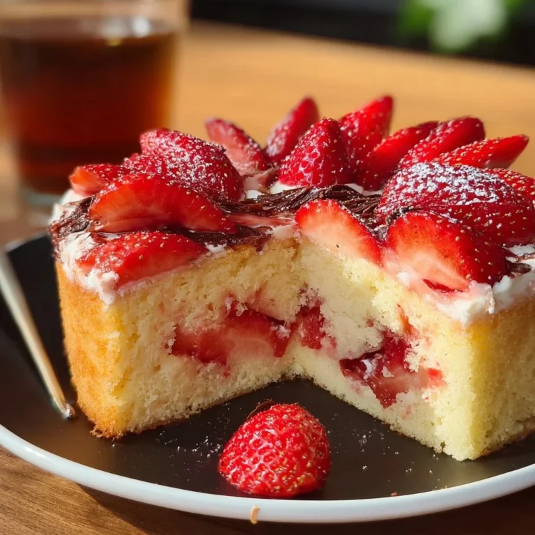 Fantakuchen mit frischen Erdbeeren auf einem Teller, perfekt für jede Feier.