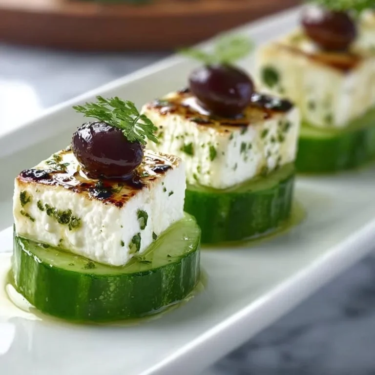 Feta-Gurke-Häppchen mit frischen Zutaten auf einem Teller angerichtet.