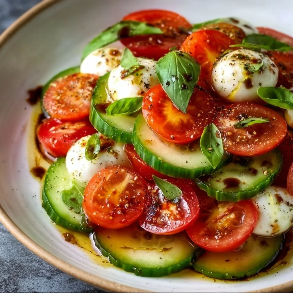 Frischer Gurken-Caprese-Salat auf einem Teller mit Tomaten und Mozzarella