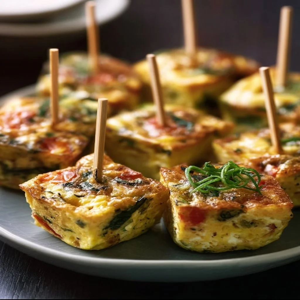 Frittata-Häppchen auf einem Tisch dekoriert mit frischen Kräutern