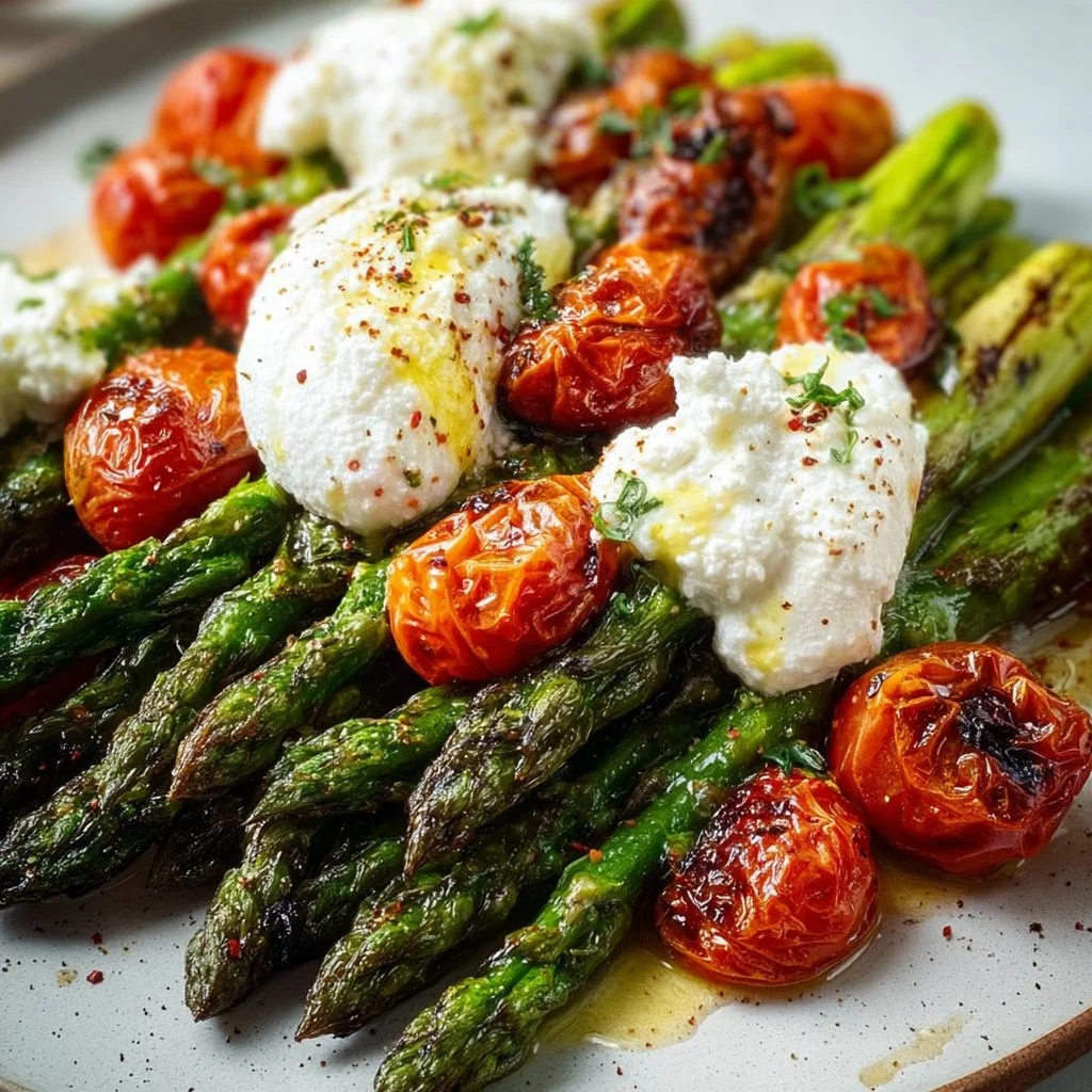Gerösteter grüner Spargel mit Burrata und Tomaten