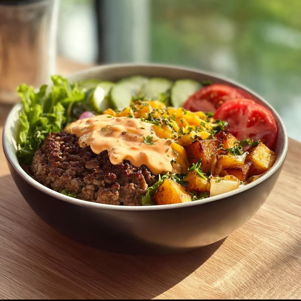 Gesunde Burger Schüssel mit frischen Zutaten und buntem Gemüse.