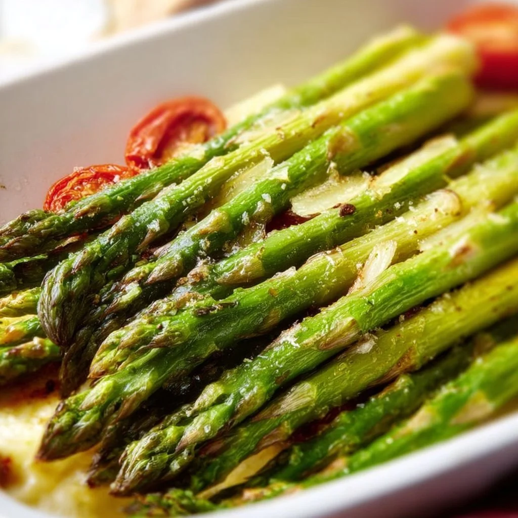 Gerösteter Grüner Spargel im Backofen auf einem Teller serviert.