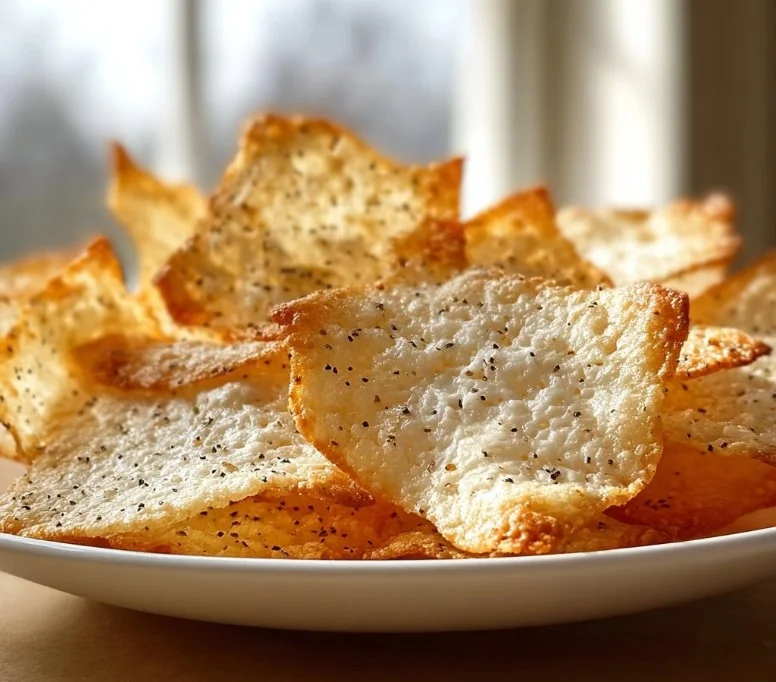 Teller mit knusprigen Hüttenkäse-Chips als gesunder Snack.