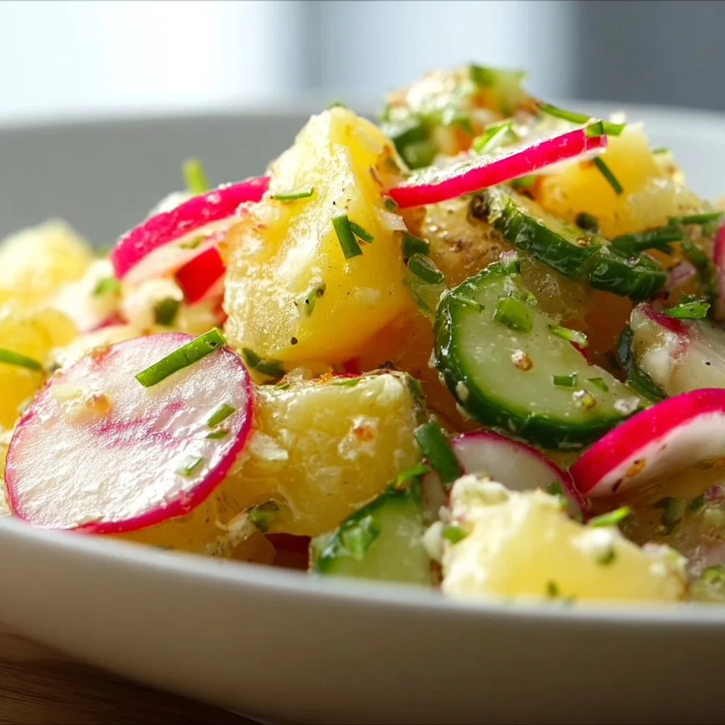 Schüssel mit Kartoffel-Radieschen-Salat, frisch zubereitet und appetitlich angerichtet.