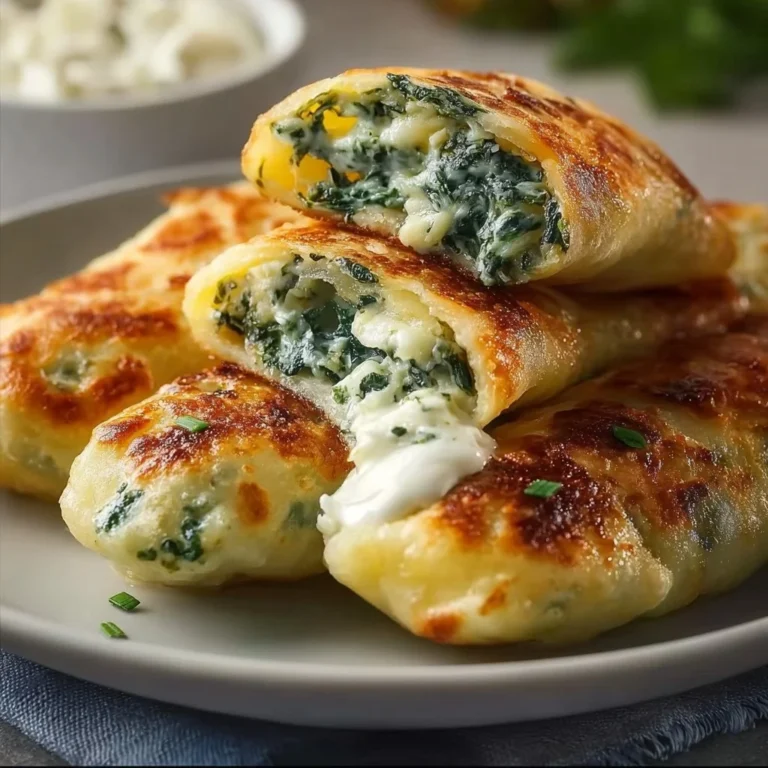 Kartoffeltaschen mit Spinat und Frischkäse Füllung serviert auf einem Teller.