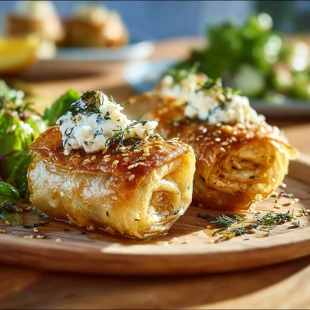 Knusprige Ofen-Feta-Röllchen frisch aus dem Ofen serviert