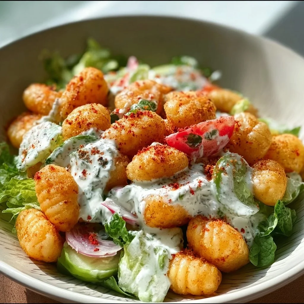Knuspriger Gnocchi-Salat mit Joghurt-Dressing auf einem Teller.