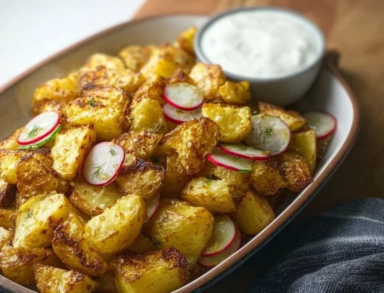 Knuspriger Kartoffelsalat ohne Mayo in einer dekorativen Schüssel