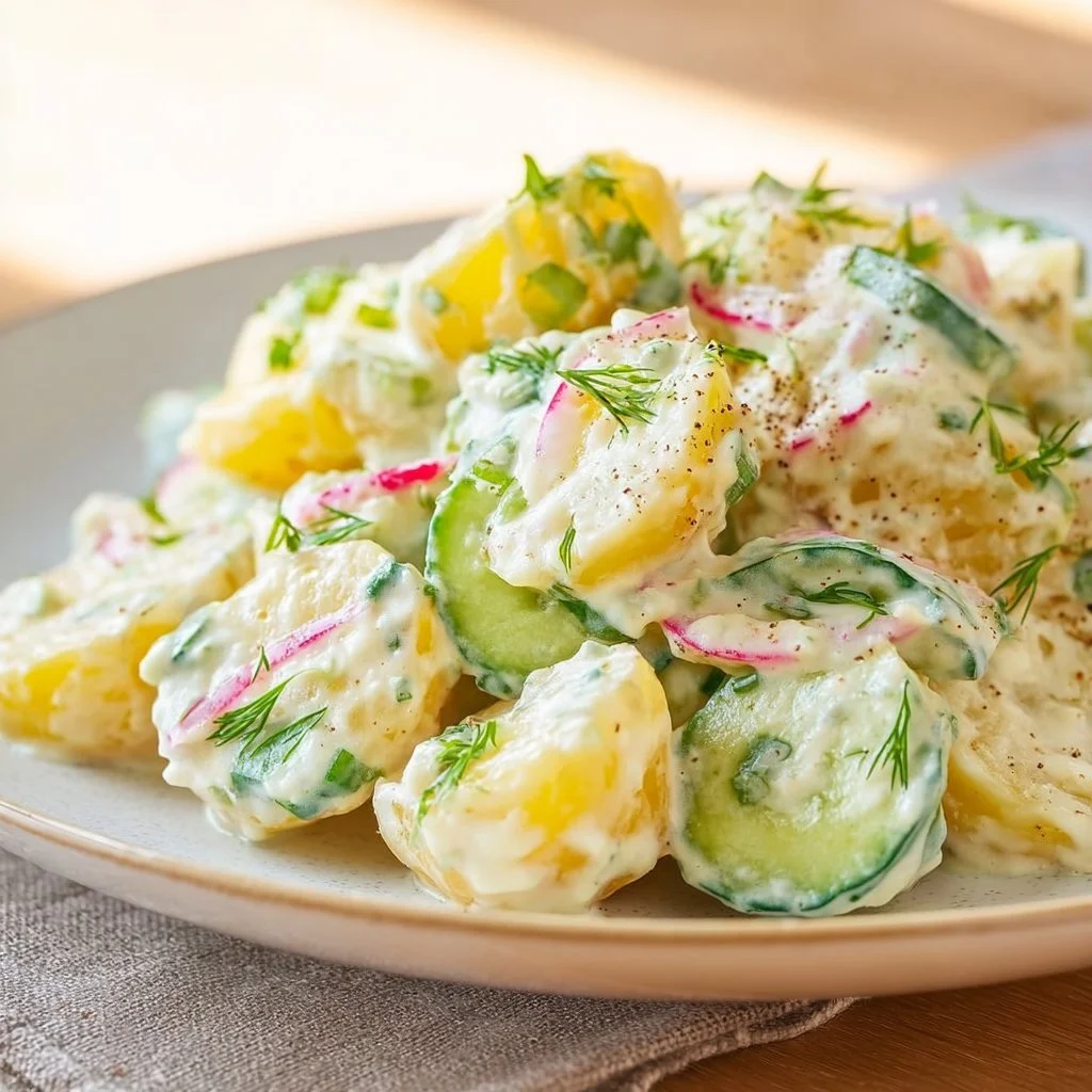 Leichter Kartoffelsalat mit Joghurt und Gurke auf einem Teller angerichtet