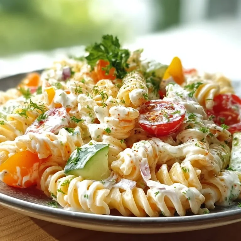 Leichter Nudelsalat mit Joghurt-Dressing auf einem Teller