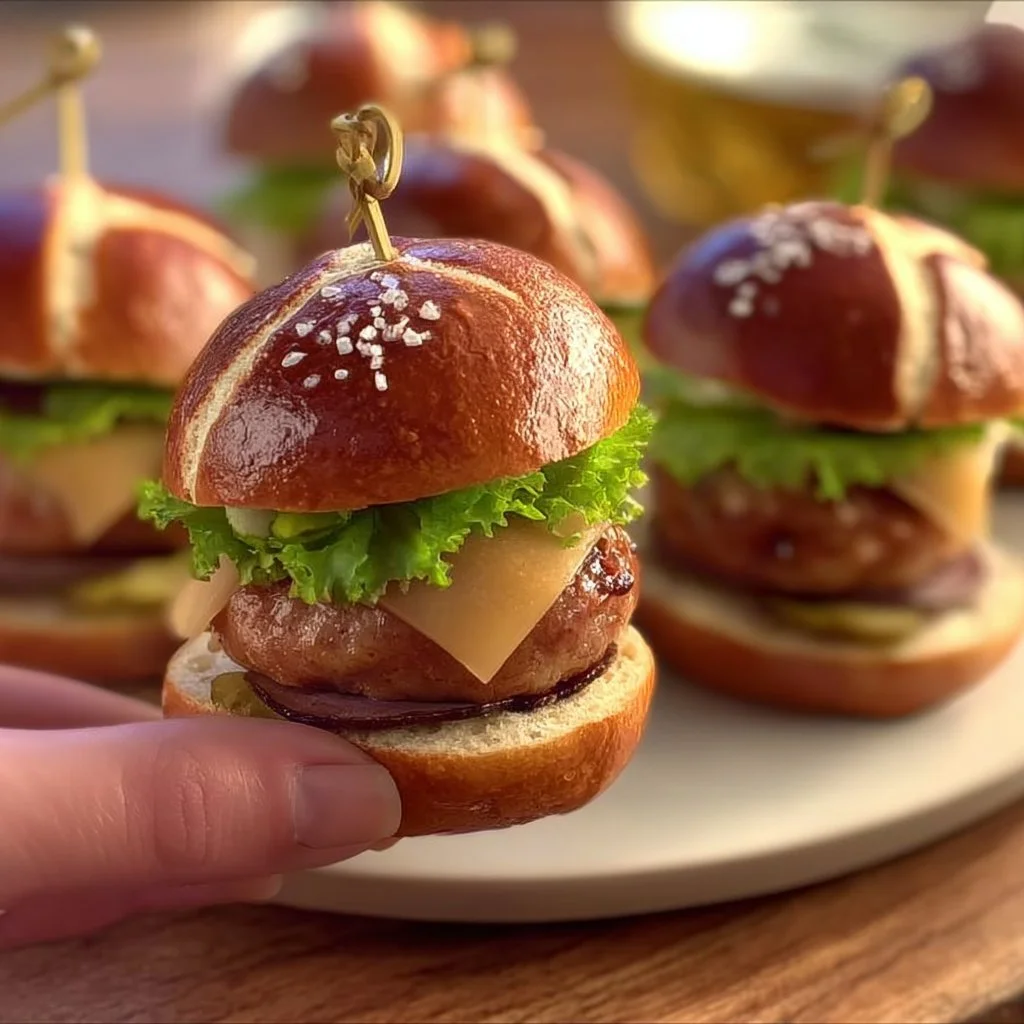 Mini Laugen Burger mit Leberkäse und frischen Zutaten auf einem Teller