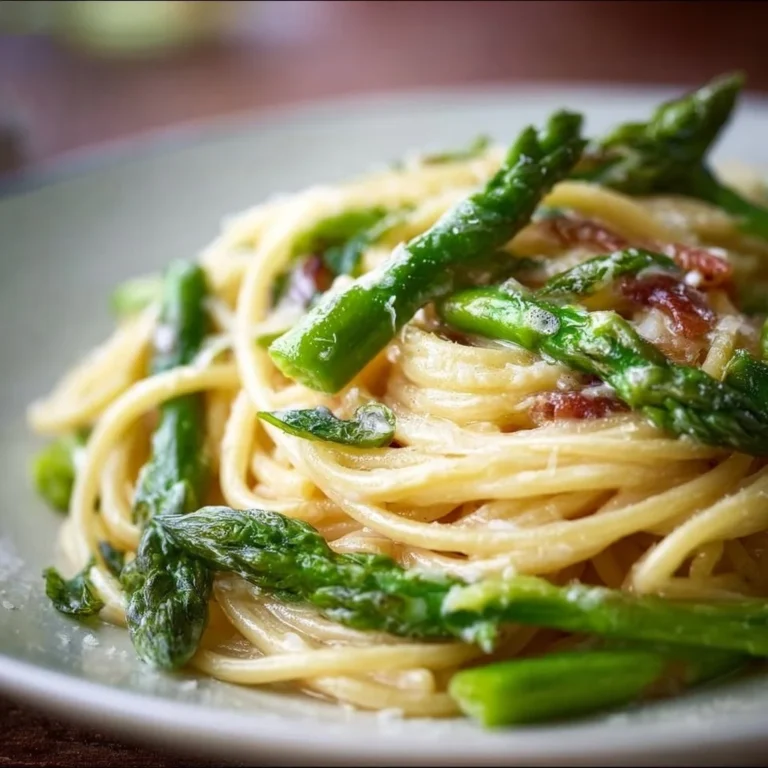 Pasta mit grünem Spargel auf einem Teller garniert mit Parmesan