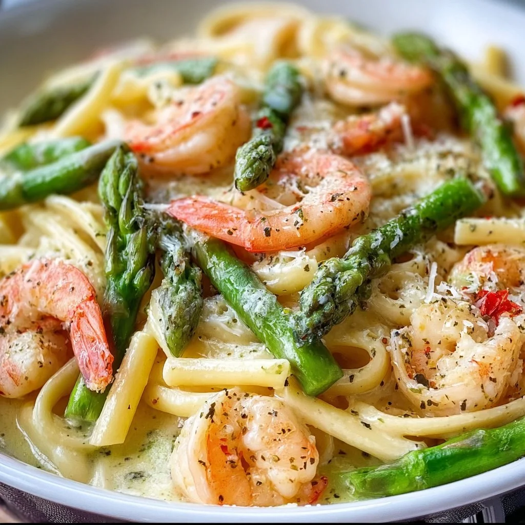 Pasta mit grünem Spargel und Garnelen
