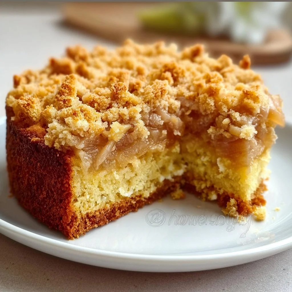 Rha-Barbara-Krümeltorte mit buntem Streuselbelag auf einem weißen Teller