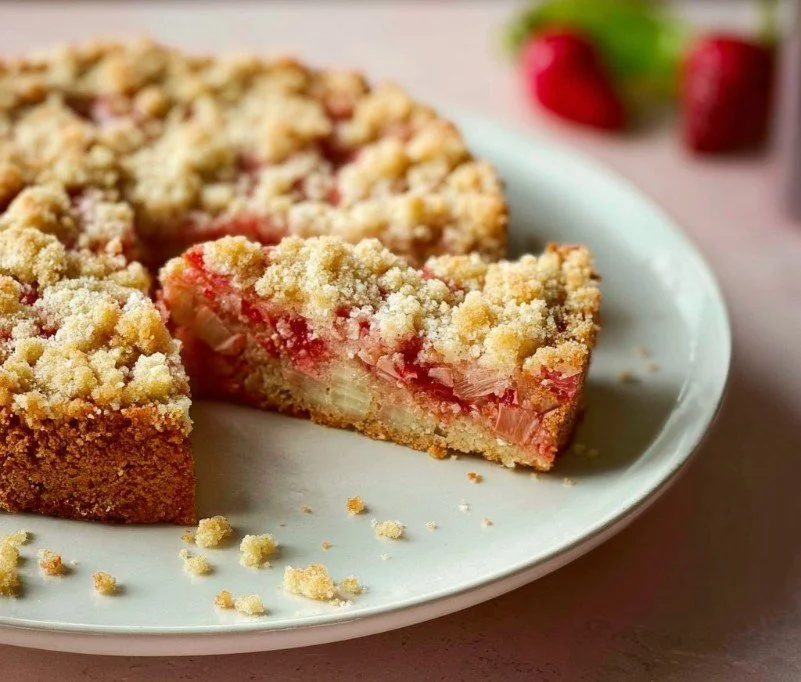 Leckerer Rhabarber Streuselkuchen mit knusprigem Streuselbelag