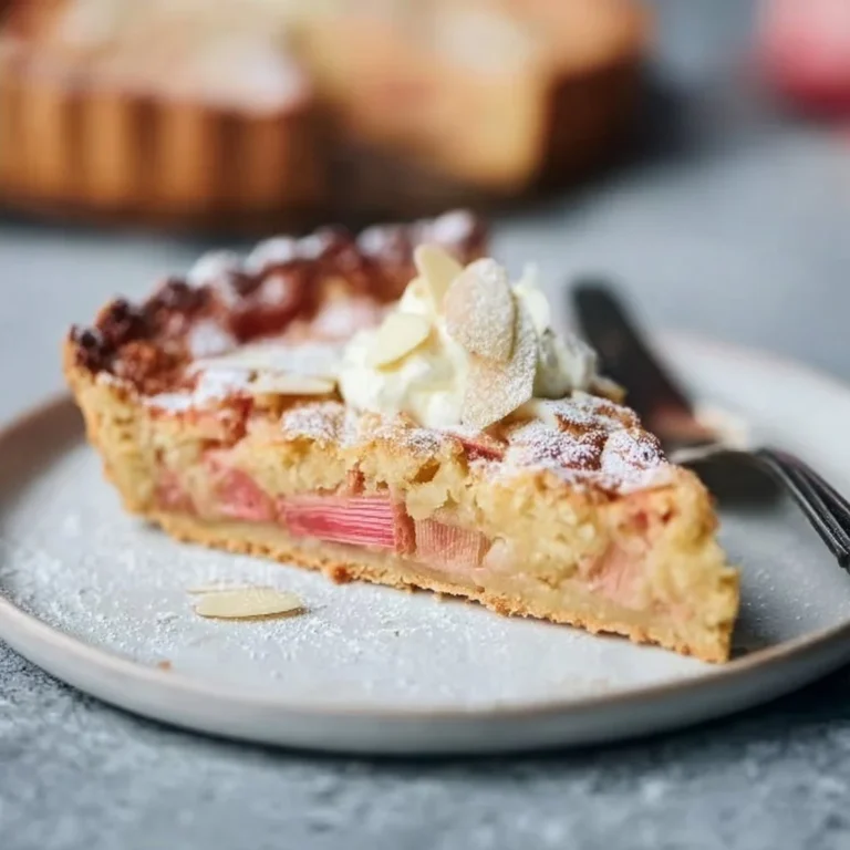 Rhabarber Tarte mit Mandelcreme auf einem rustikalen Holzuntergrund