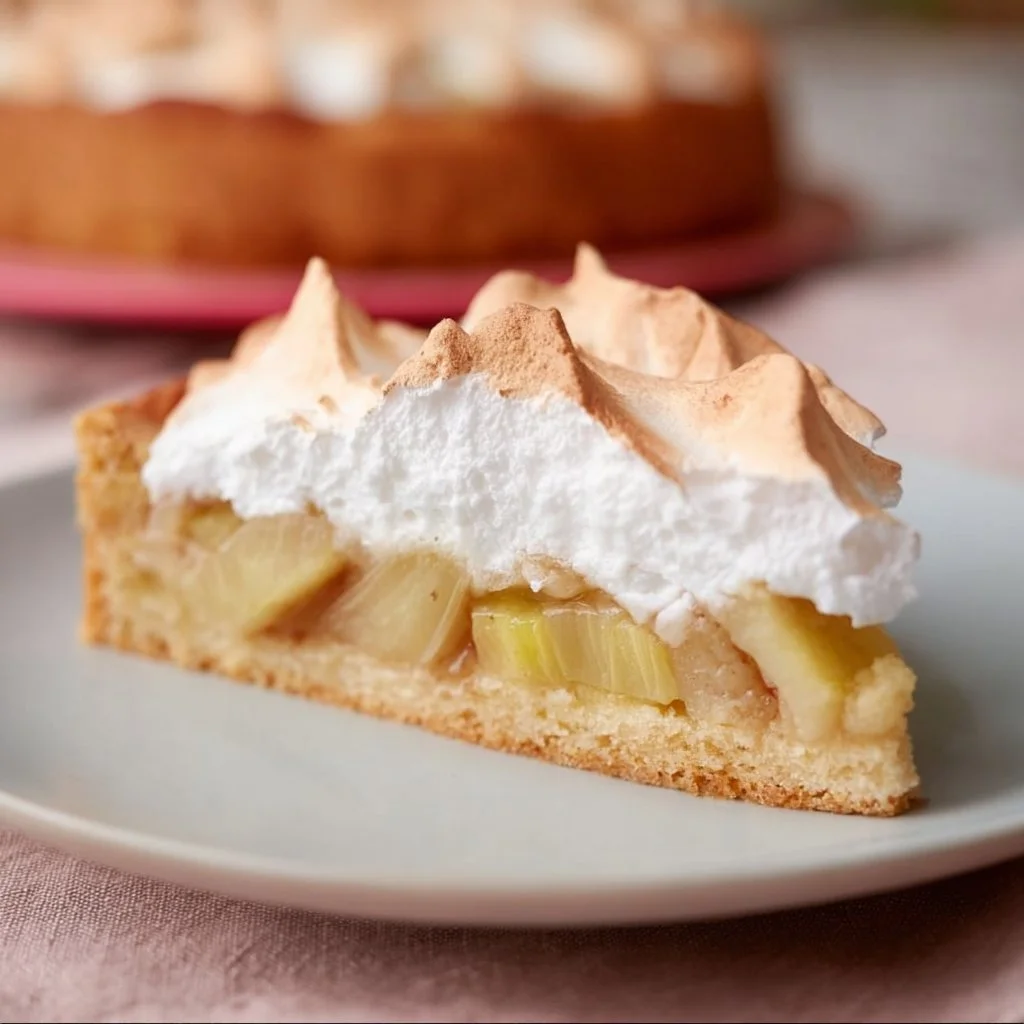 Rhabarberkuchen mit Baiser, ein köstlicher frühlingshafter Kuchen mit frischem Rhabarber