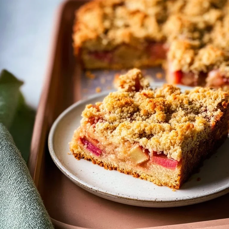 Rhabarberkuchen mit Streuseln, frisch aus dem Ofen, perfekt zum Genießen.