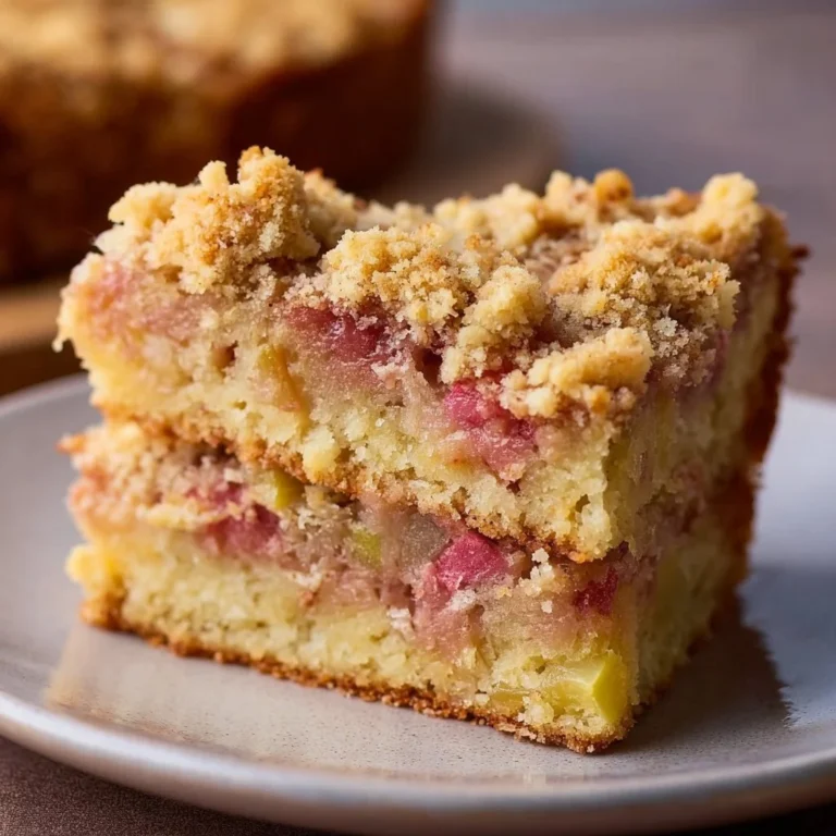 Rhabarberkuchen mit Streusel auf einem Teller serviert