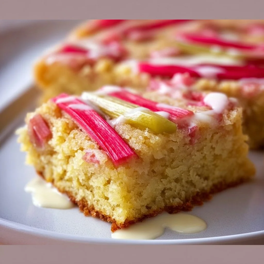 Rhabarber-Blattkuchen mit Vanillepudding auf einem Teller