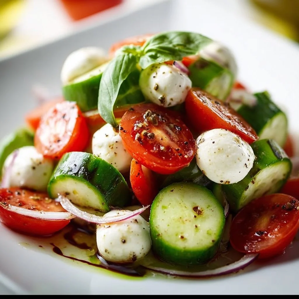 Saftiger Gurken-Caprese-Salat mit frischen Zutaten auf einem Teller