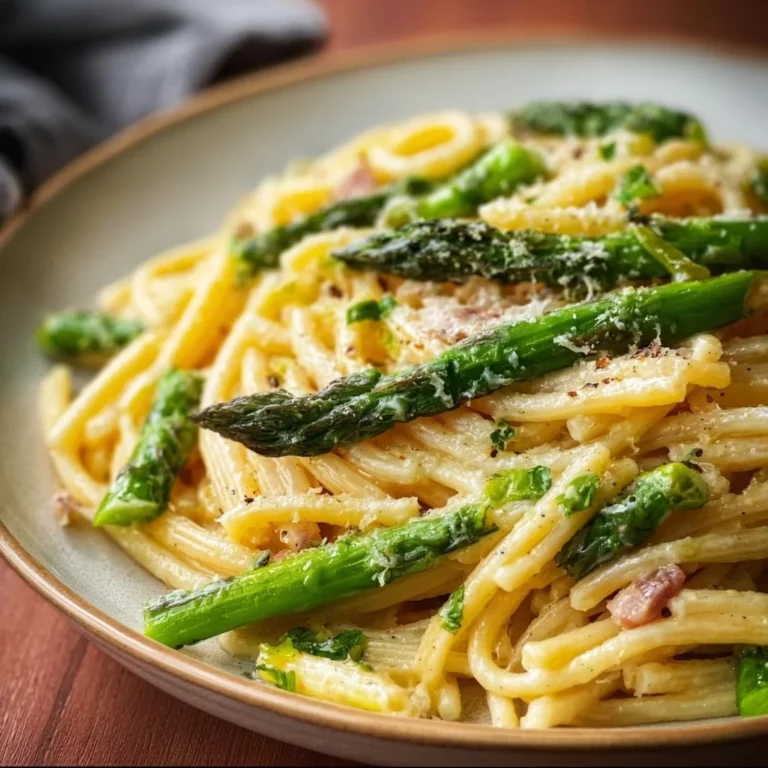 Leckere Spargel Pasta mit frischen Zutaten serviert auf einem weißen Teller