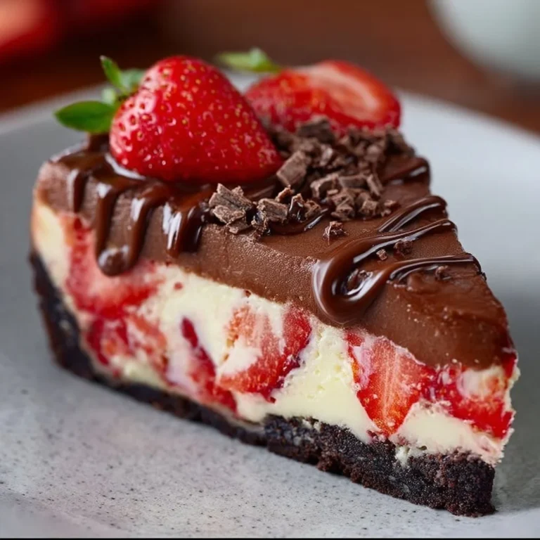 Schoko Erdbeer Käsekuchen mit cremiger Füllung, dekoriert mit frischen Erdbeeren