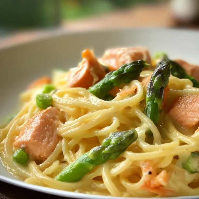 Spaghetti mit Lachs und Spargel auf einem Teller serviert.