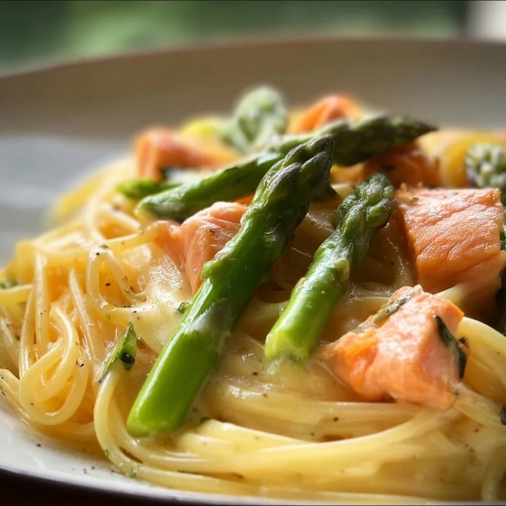 Spaghetti with salmon and asparagus