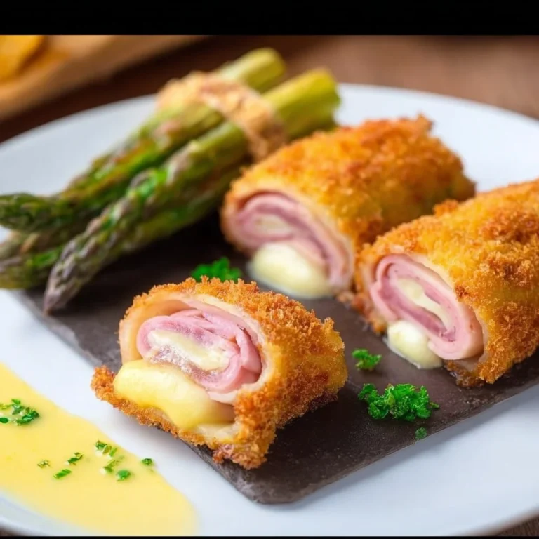 Spargel Cordon Bleu auf einem Teller mit Käse und Schinken umhüllt
