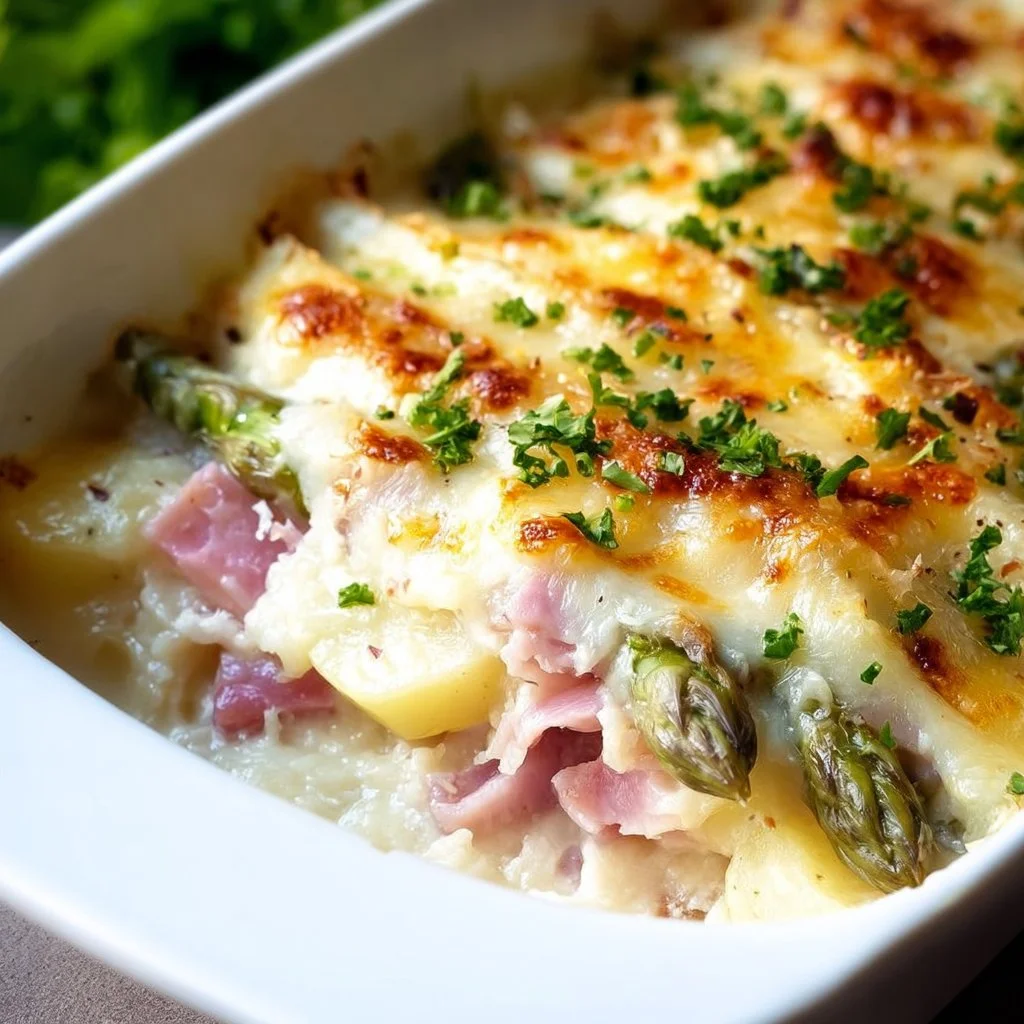 Spargelauflauf mit Kartoffeln und Schinken