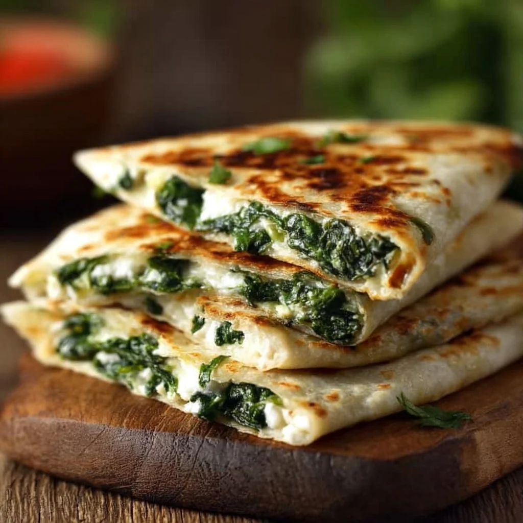 Leckere Spinat-Feta-Quesadillas auf einem Teller serviert