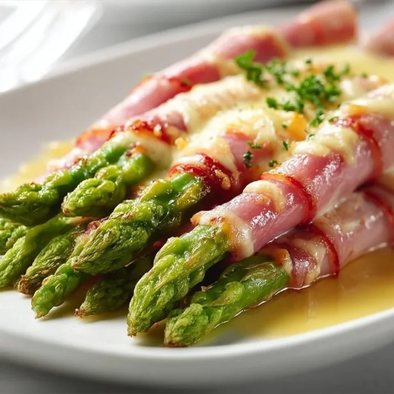 Überbackener Spargel mit Schinken auf einem Teller angerichtet